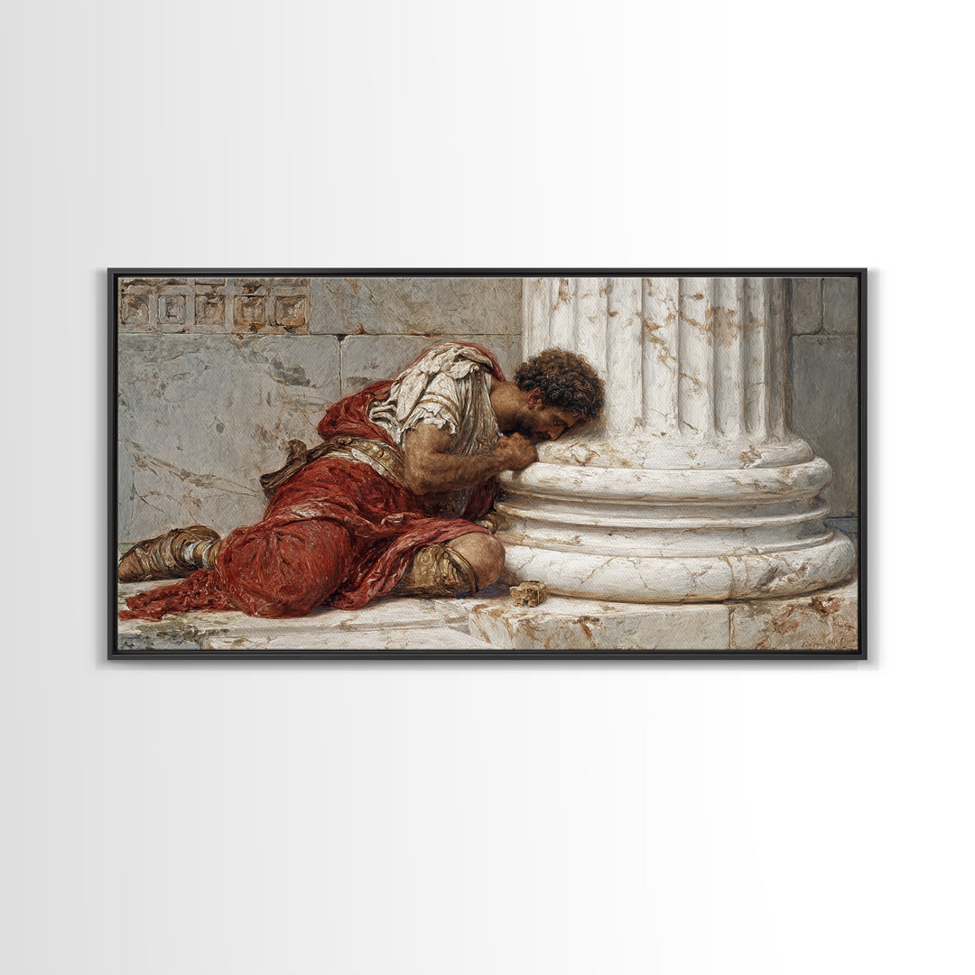 Wounded Roman By Marble Column Framed Canvas Print, Classical History Wall Art, Dark Academia Decor, Ancient Rome Artwork
