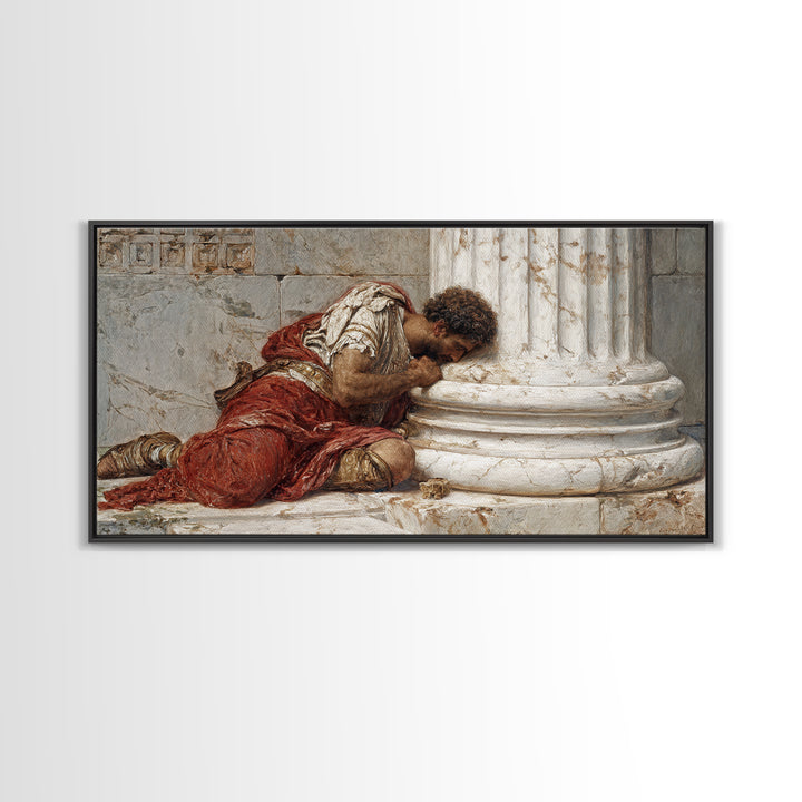 Wounded Roman By Marble Column Framed Canvas Print, Classical History Wall Art, Dark Academia Decor, Ancient Rome Artwork