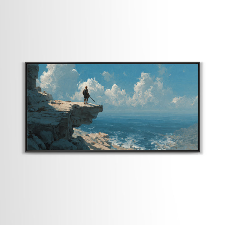 Heroic Warrior Facing Ocean Cliffs Under Cloudscape Landscape Wall Art Canvas Print Epic Adventure Outdoor Painting Decor