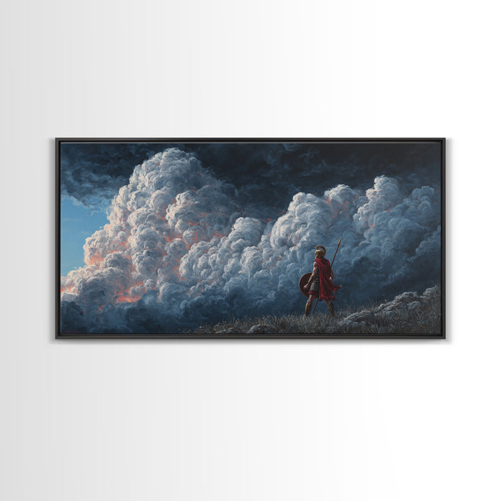 Small Warrior Before Towering Storm Clouds Wall Art, Dramatic Fantasy Canvas Print For Kids Room Decor And Moody Home Decor