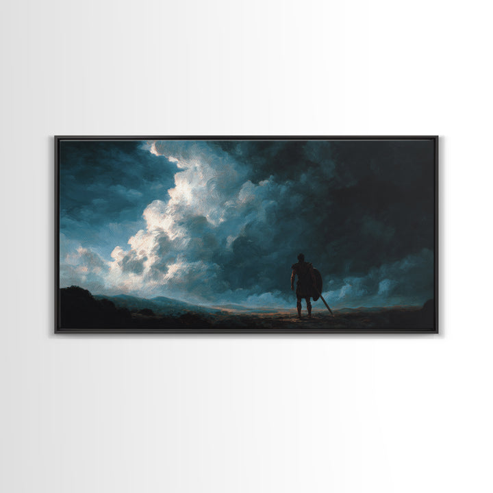 Lone Warrior Beneath Storm Clouds Canvas Print, Moody Landscape Wall Art, Dark Fantasy Decor, Masculine Office Art, Gift For Him