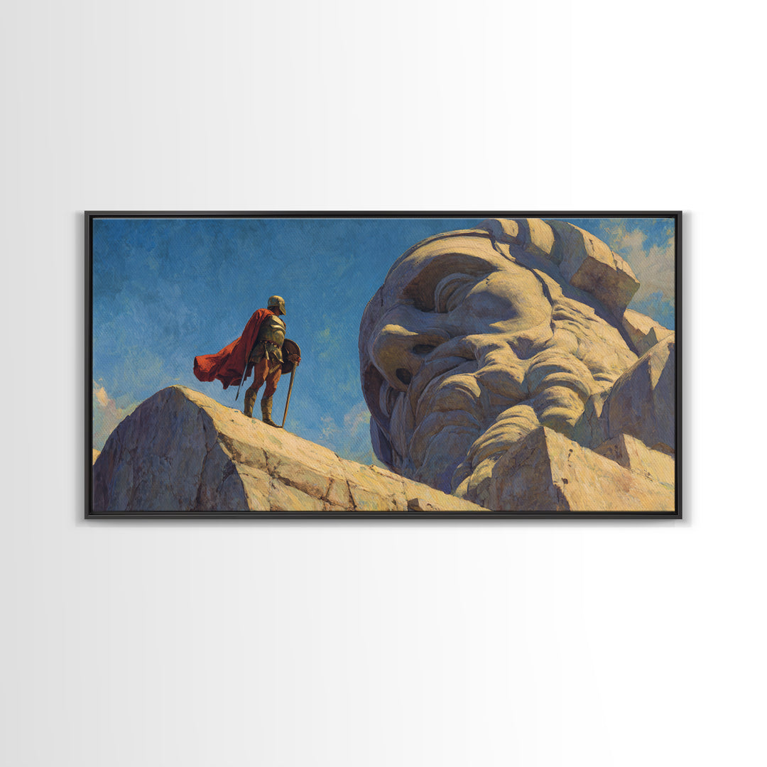 Knight Beside Giant Ancient Statue Wall Art, Epic Fantasy Landscape, Medieval Canvas Decor, Dramatic Office Art Print For Living Room