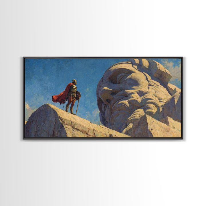 Knight Beside Giant Ancient Statue Wall Art, Epic Fantasy Landscape, Medieval Canvas Decor, Dramatic Office Art Print For Living Room