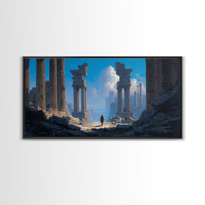 Ancient Ruins With Lone Wanderer Wall Art, Fantasy Landscape Print, Epic Temple Decor, Blue Adventure Canvas, For Living Room Decor