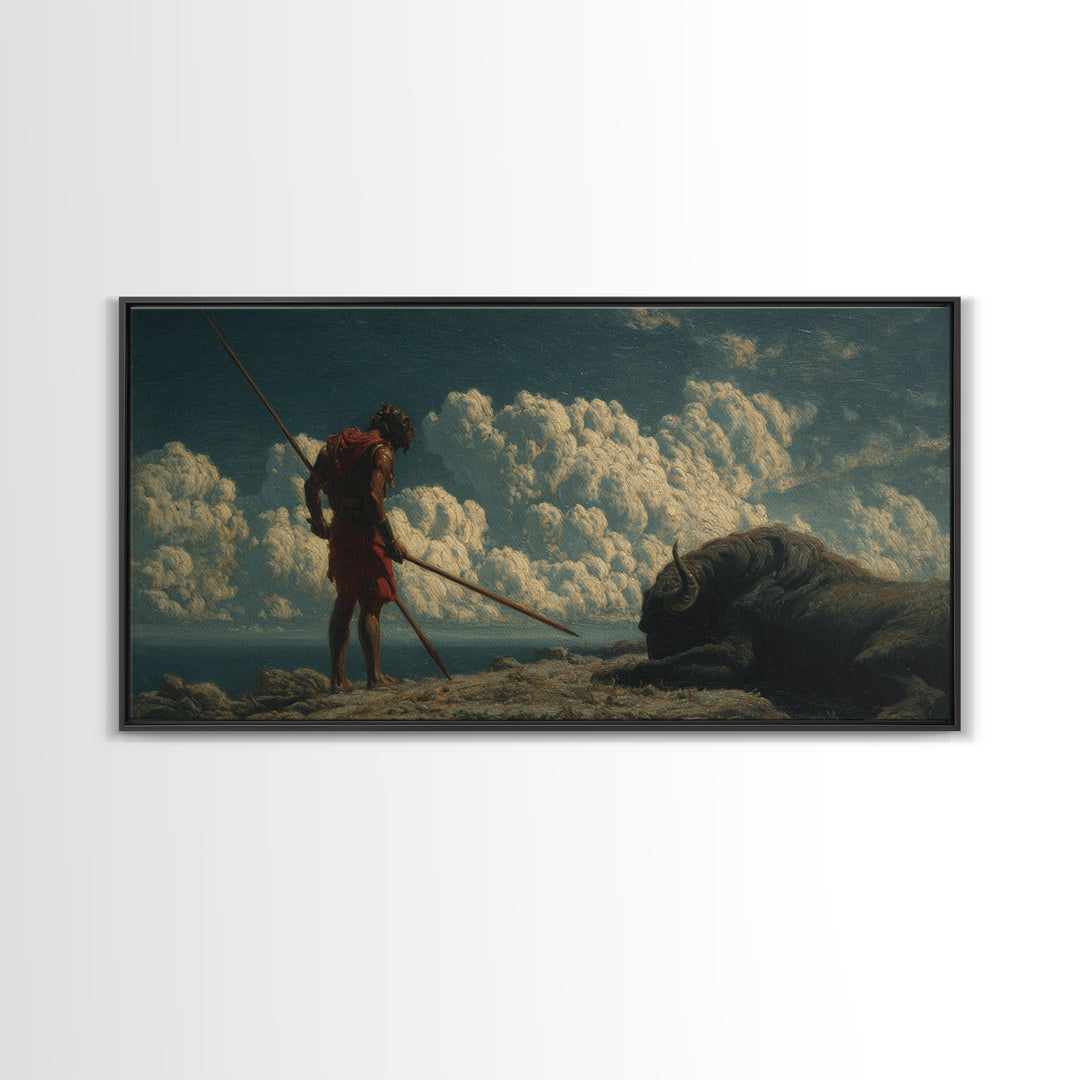 Ancient Spear Hunter And Bison Wall Art, Mythological Warrior Painting, Rustic Wildlife Decor, Epic Fantasy Home Decor Gift