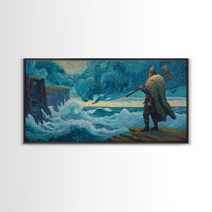 Viking Warrior Facing Blue Storm Waves Wall Art, Nautical Art, Fantasy Art, Textured Wall Art, Ocean Wall Art, Coastal Decor