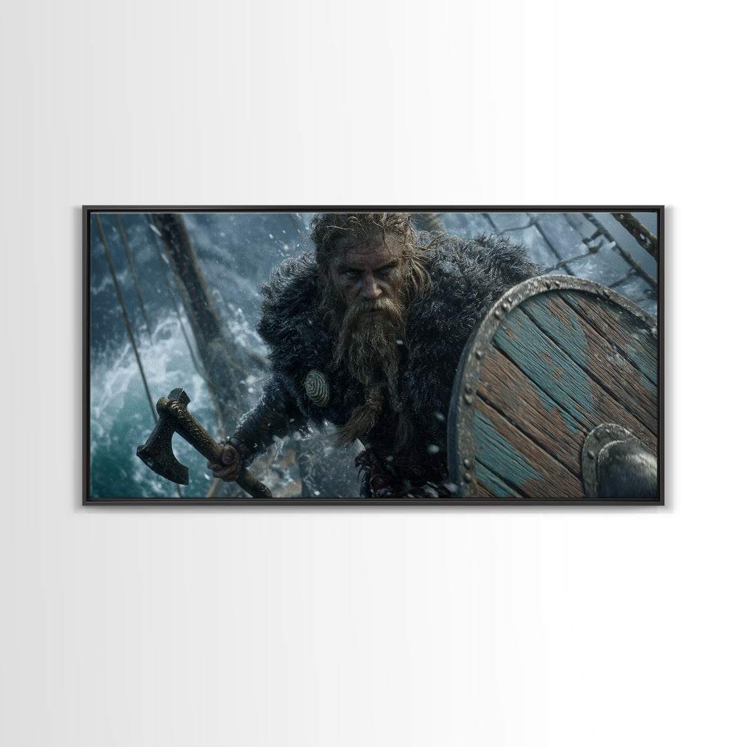 Dramatic Viking Warrior With Beard Holding Axe And Wooden Shield Battle Scene Wall Art Canvas Print