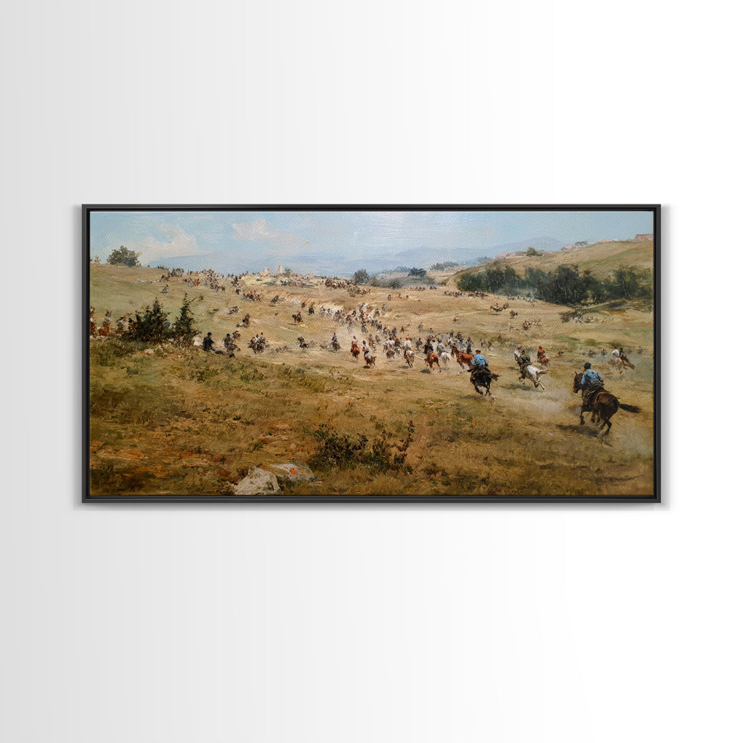 Cavalry Charge Across Rolling Hills Wall Art, Historical Battle Canvas Print For Rustic Living Room Decor And Office Decor
