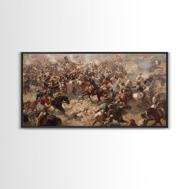 Panoramic Cavalry Charge In Dusty Battle Wall Art, Historic War Canvas Print, Large Living Room Decor, Equestrian Art Print