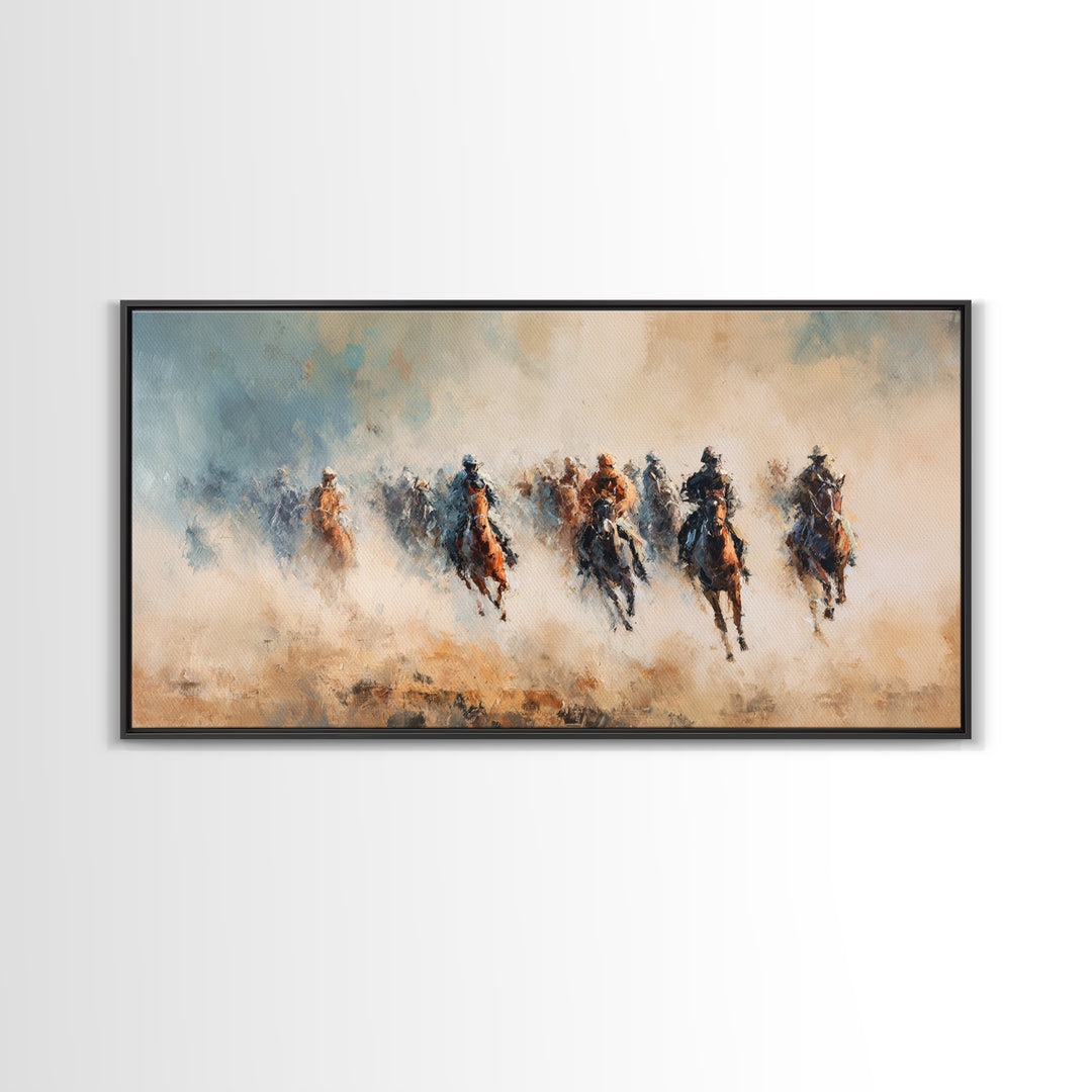 Galloping Horse Riders In Dust Canvas Print, Western Wall Art, Abstract Landscape, Rustic Ranch Decor, Gift For Horse Lover