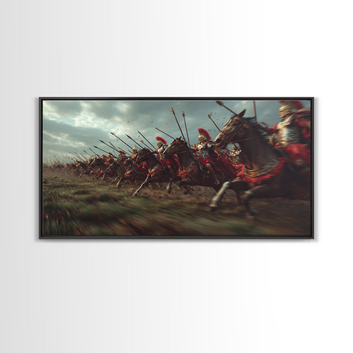 Ancient Cavalry Charge Across Battlefield Wall Art, Horse Racing Battle Canvas Print, Greek Warrior Decor, Dramatic History Poster