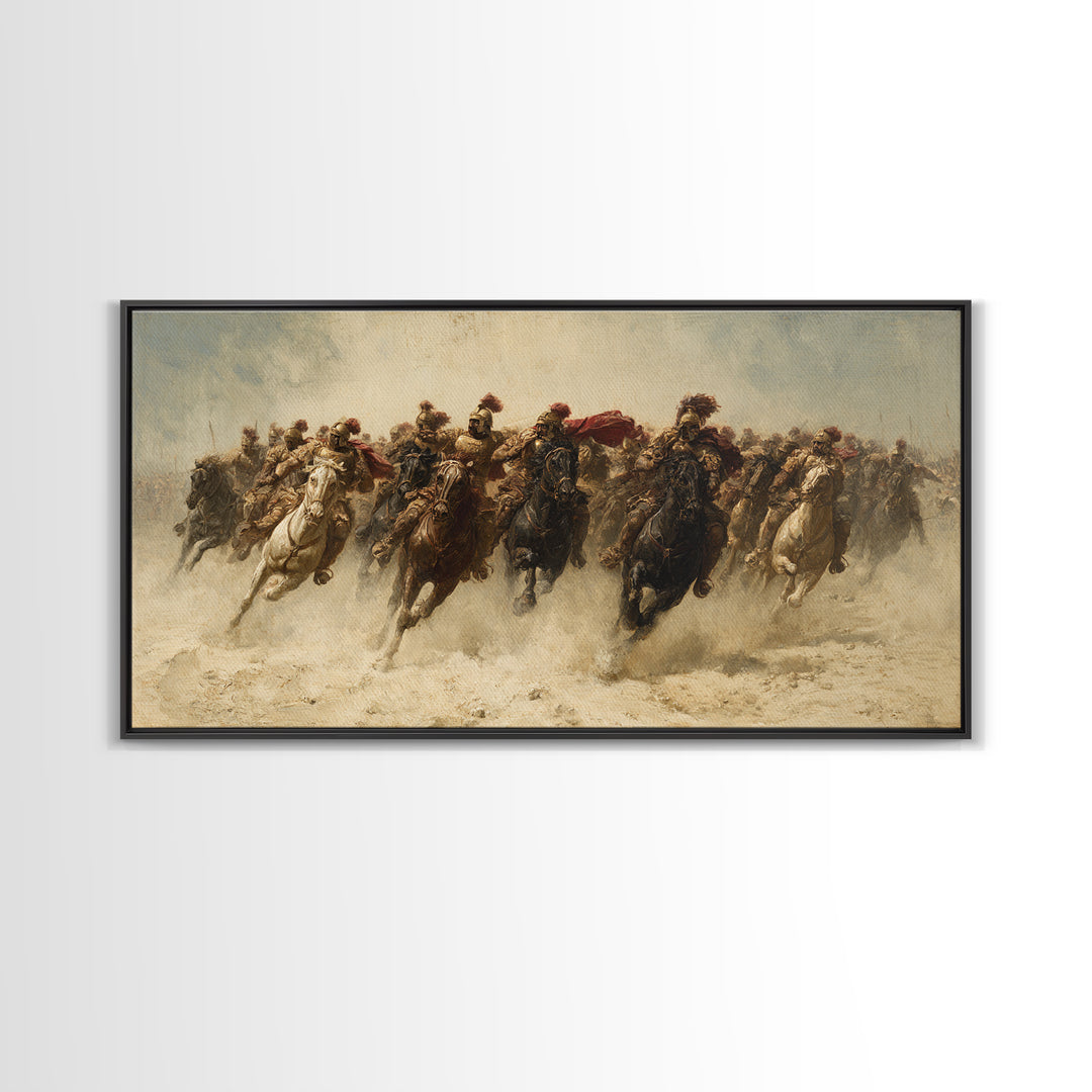 Charging Cavalry Across Dusty Plains Canvas Print, Equestrian Battle Wall Art, Western Horse Decor, Statement Living Room Art