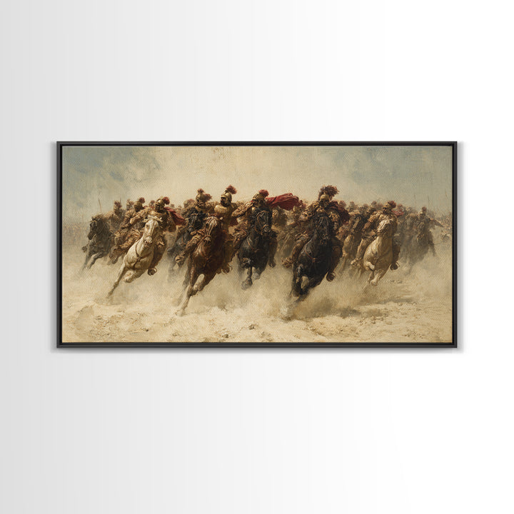 Charging Cavalry Across Dusty Plains Canvas Print, Equestrian Battle Wall Art, Western Horse Decor, Statement Living Room Art