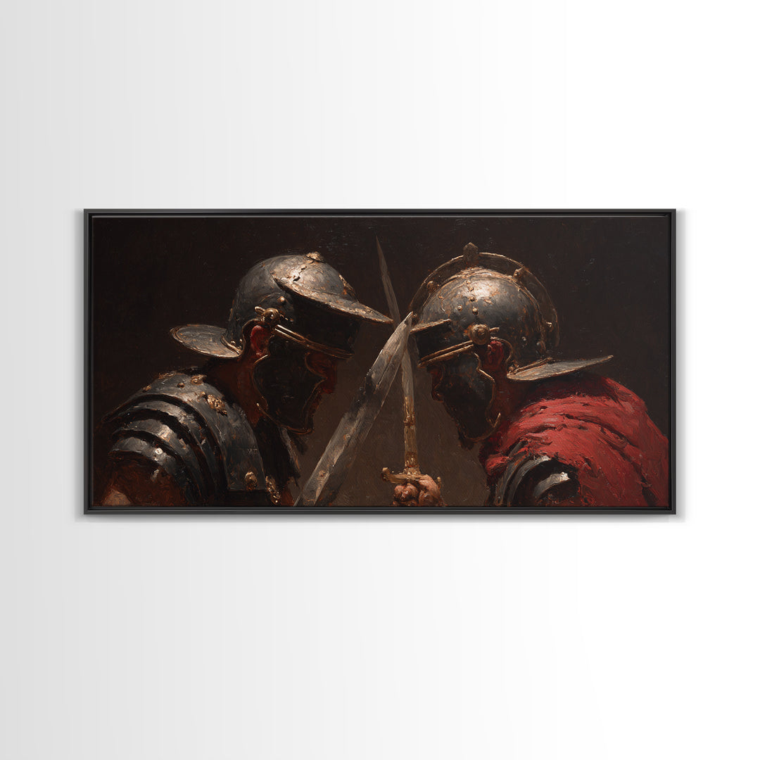 Close Combat Helmeted Knights Crossing Swords Framed Canvas Print, Medieval Duel Wall Art, Dark Academia Office Decor Gift