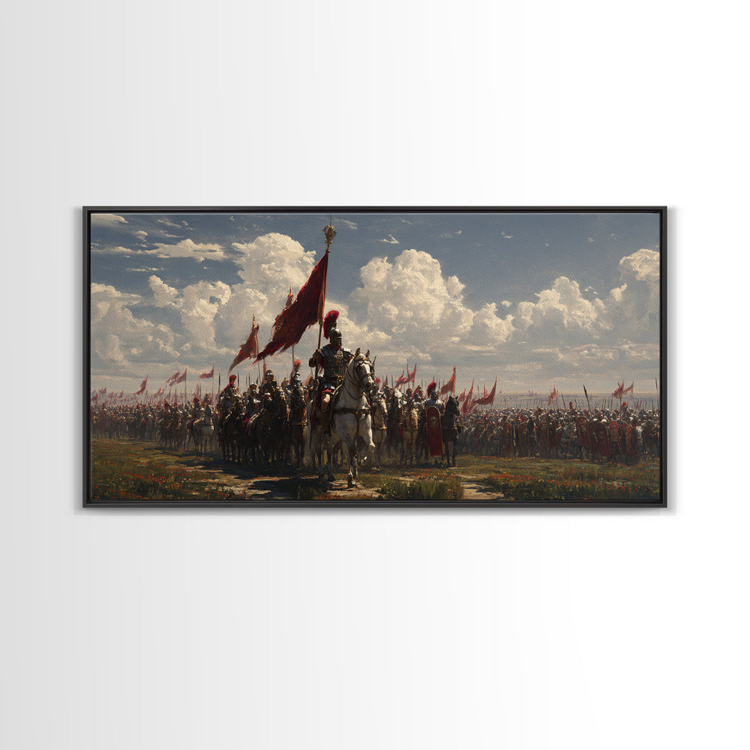 Mounted Knight Army With Red Banner Framed Canvas Print, Medieval Battle Wall Decor, Historical Art, Living Room Decor, Statement Artwork