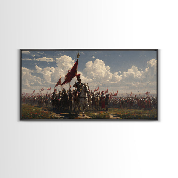 Mounted Knight Army With Red Banner Framed Canvas Print, Medieval Battle Wall Decor, Historical Art, Living Room Decor, Statement Artwork