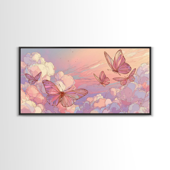 Pastel Butterfly Clouds Wall Art, Dreamy Pink Sky Illustration, Whimsical Nursery Decor, Celestial Bedroom Print For Girls Room