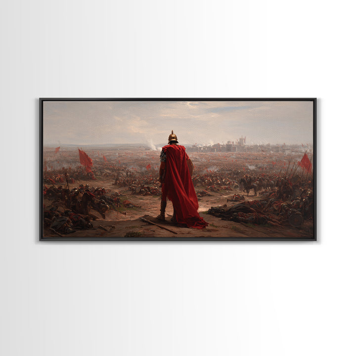 Roman General Over Epic Battlefield Framed Canvas Print, Ancient War Landscape Wall Art, Historical Decor For Living Room