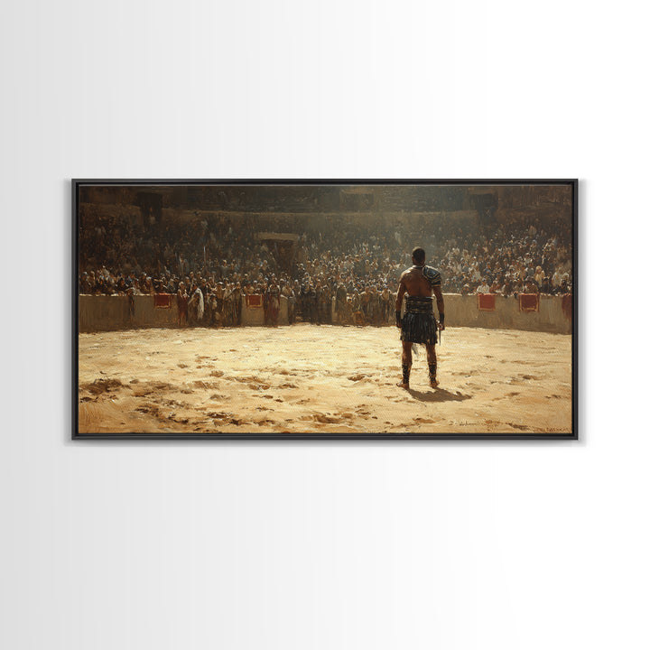 Gladiator Facing Roaring Arena Wall Art, Ancient Rome Warrior Canvas Decor, Historical Battle Painting For Man Cave Decor
