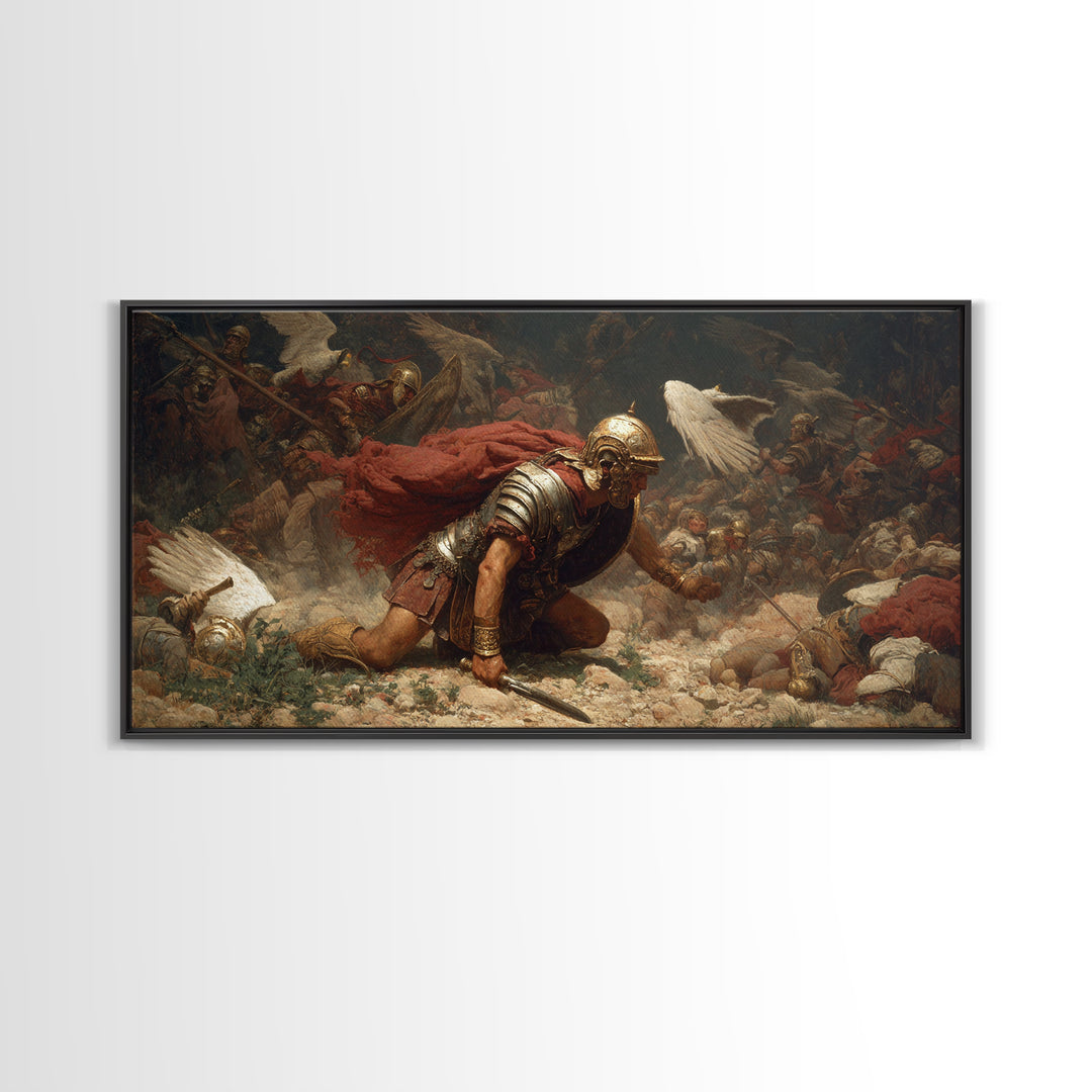 Fallen Roman Soldier In Chaotic Battle Framed Canvas Print, Classical War Wall Decor, Baroque History Art, Dark Academia