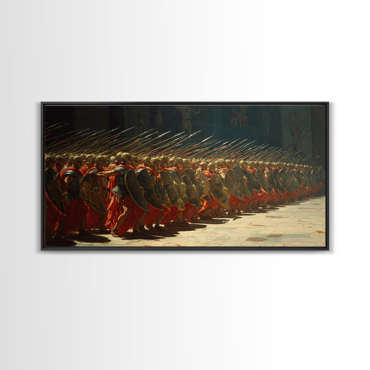 Ancient Phalanx Soldiers With Spears Framed Canvas Print, Greek Warrior Wall Art, Classical Battle Decor For Study And Office