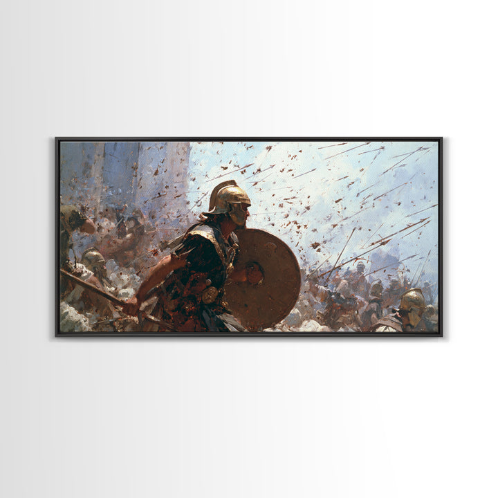 Ancient Shield Bearer Charging Through Arrows Wall Art, Roman Battle Painting, Historical Warrior Living Room Decor Gift For Him