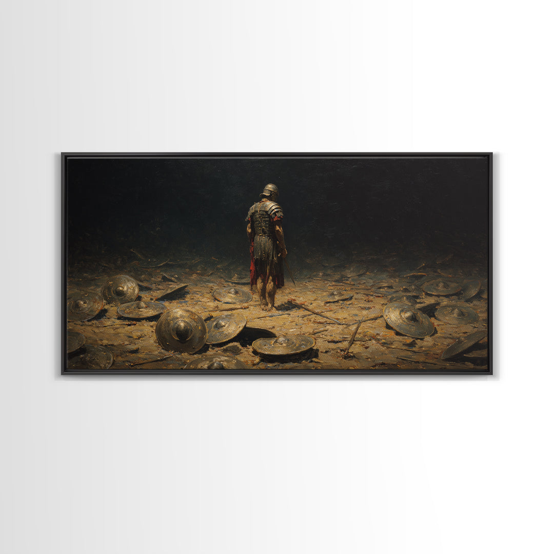 Lone Roman Warrior On Battlefield Framed Canvas Print, Dark Historical Wall Art, Moody Ancient Decor, Masculine Office Art