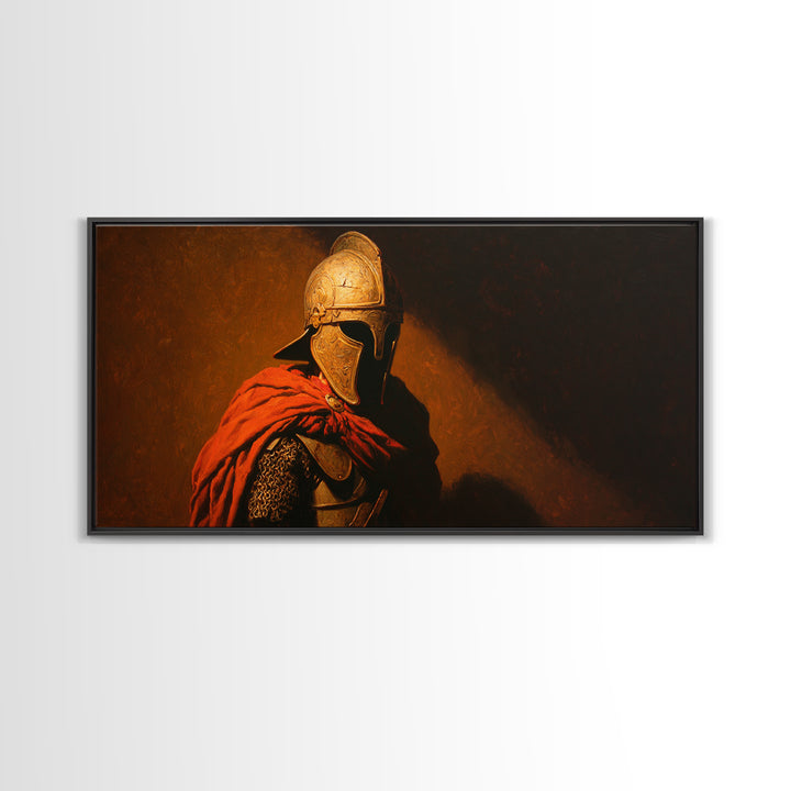 Ancient Helmeted Warrior In Red Cloak Canvas Print, Spartan Wall Art, Dark Academia Decor, Masculine Office Gift For Him
