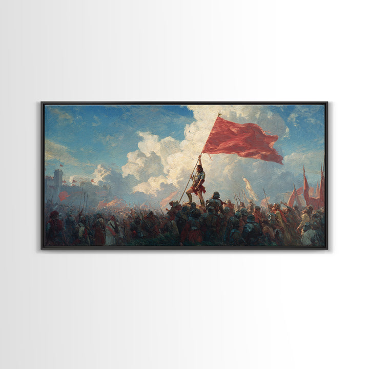 Epic Red Flag Battle Scene Wall Art, Historical Warrior Canvas, Dramatic Army Painting, Large Living Room Decor Gift For Him