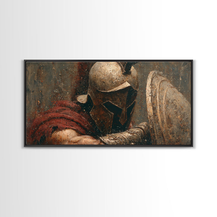 Bronze Helmet And Shield Warrior Framed Canvas Print, Ancient Battle Wall Art, Textured Painting, Gift For Him, Masculine Office Decor