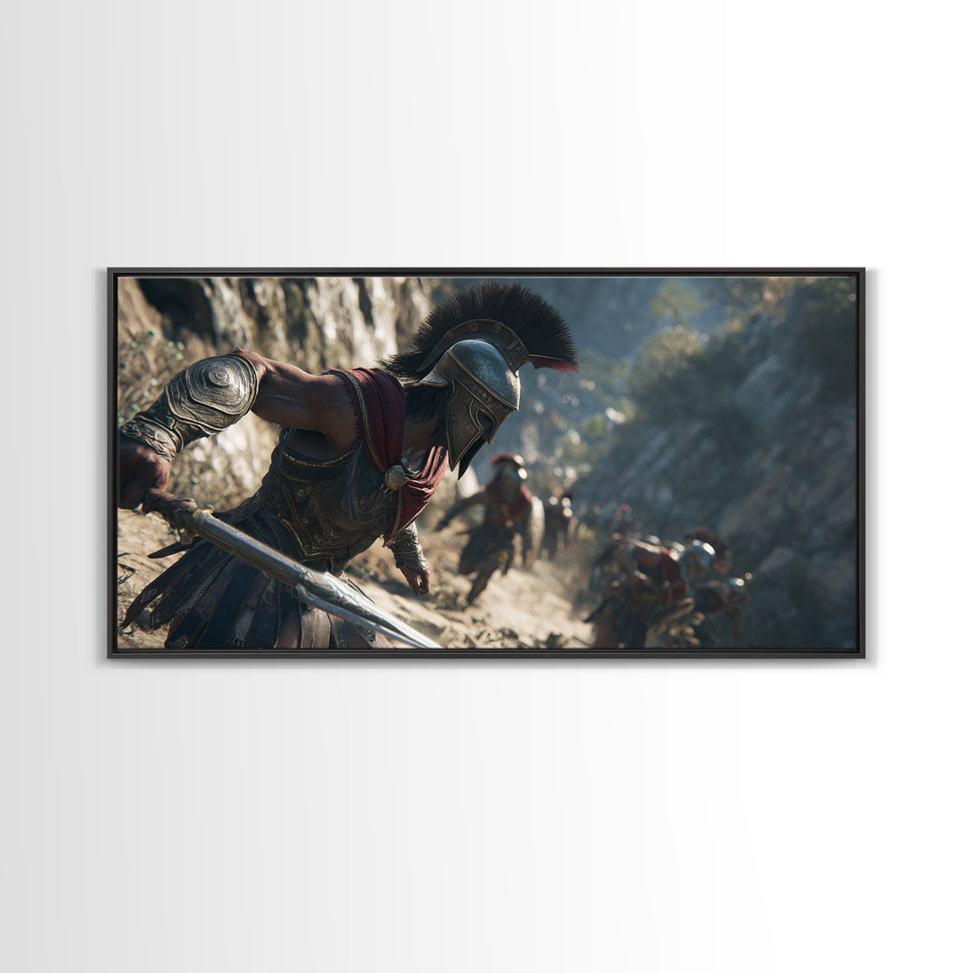 Spartan Warrior Sprinting Through Mountain Pass Wall Art, Ancient Greek Canvas Print, Battle Scene Decor, Masculine Office Poster