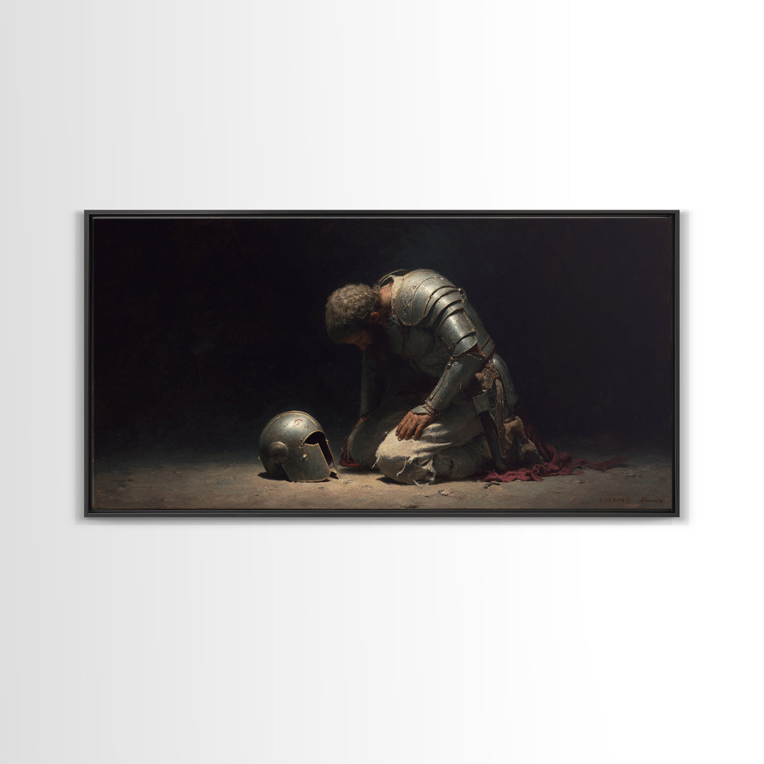 Kneeling Knight With Helmet Wall Art, Dark Medieval Canvas Painting, Gothic Warrior Decor, Moody Office Art Gift For Him