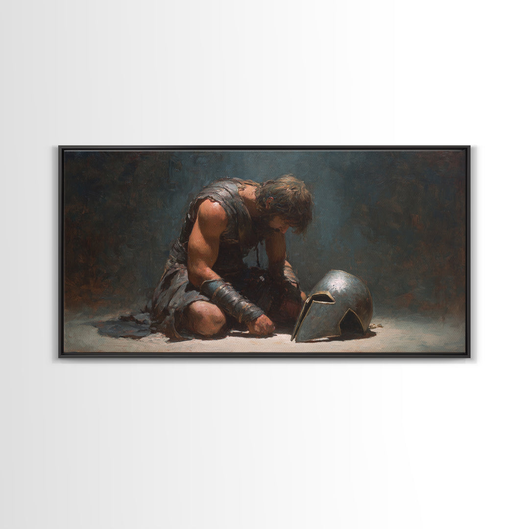 Defeated Ancient Gladiator With Helmet Framed Canvas Print, Dark Academia Wall Decor, Mythological Art, Gift For Him, Living Room Art
