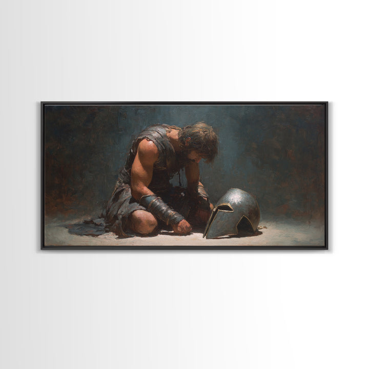 Defeated Ancient Gladiator With Helmet Framed Canvas Print, Dark Academia Wall Decor, Mythological Art, Gift For Him, Living Room Art