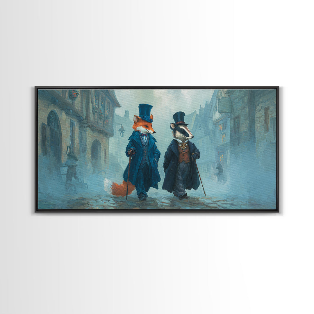 Dapper Fox And Badger In Foggy Village Canvas Print, Whimsical Animal Wall Art, Storybook Nursery Decor Gift, Kids Room Art