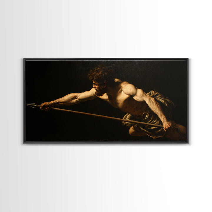 Muscular Warrior With Spear In Dramatic Shadow Wall Art, Baroque Classical Canvas, Dark Academia Decor, Mythology Art Print