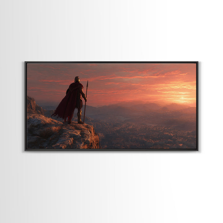 Epic Ancient Warrior Standing On Cliff Overlooking Valley Sunset Landscape Wall Art Modern Digital Painting Canvas Print For Office Decor