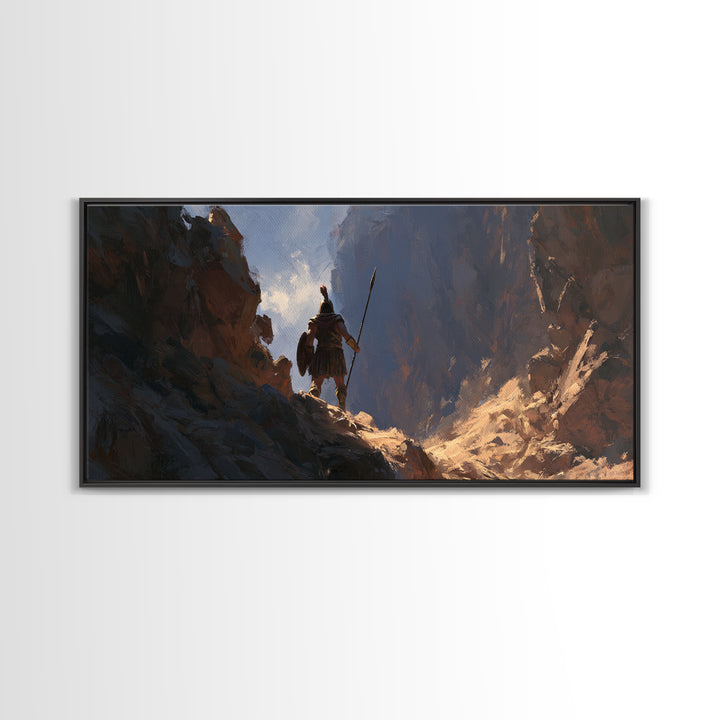 Lone Warrior In Mountain Canyon Framed Canvas Print, Fantasy Art, Mountain Wall Art, Rustic Decor, Gift For Him, Office Wall Art