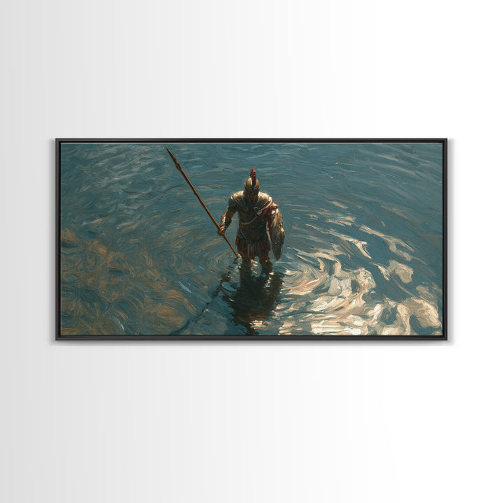 Armored Knight Standing In Shimmering Water Canvas Print, Medieval Fantasy Wall Art, Moody Lake Decor For Living Room Art