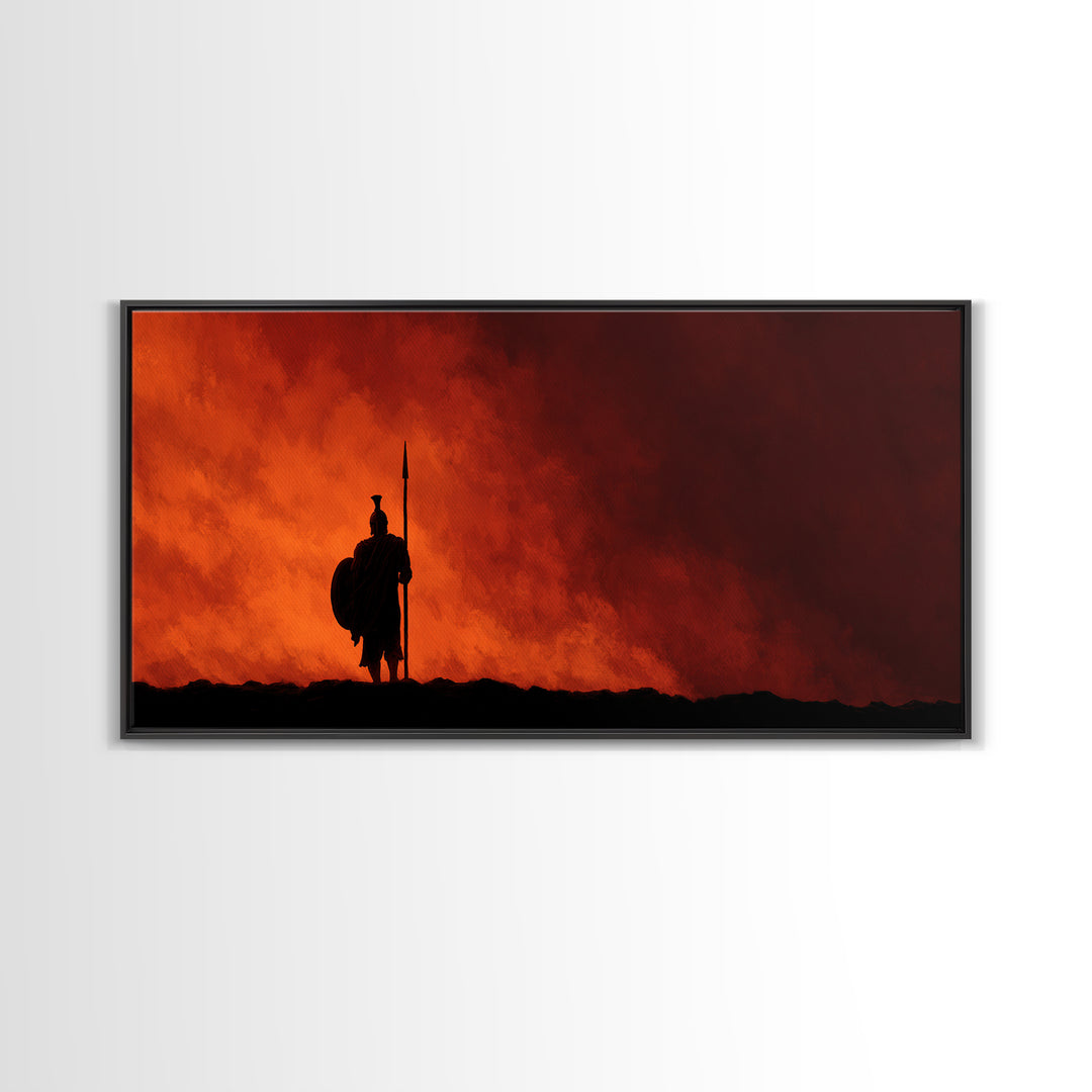 Lone Spear Warrior At Fiery Red Horizon Wall Art, Epic Fantasy Battle Canvas, Dark Warrior Decor, Man Cave Gift, Home Office Decor