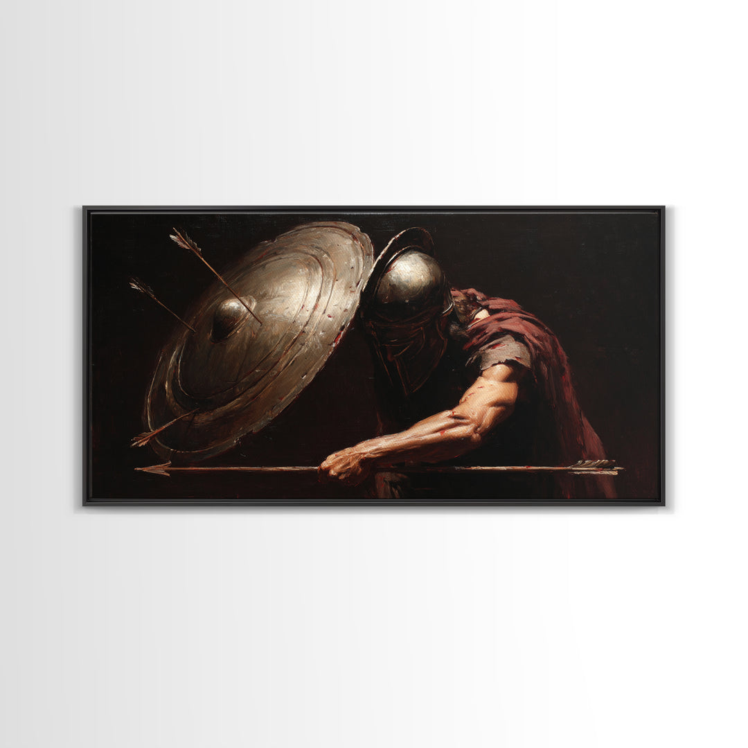 Armored Warrior With Shield And Spear Canvas Print, Dark Fantasy Wall Art, Medieval Battle Decor For Office Or Man Cave Gift