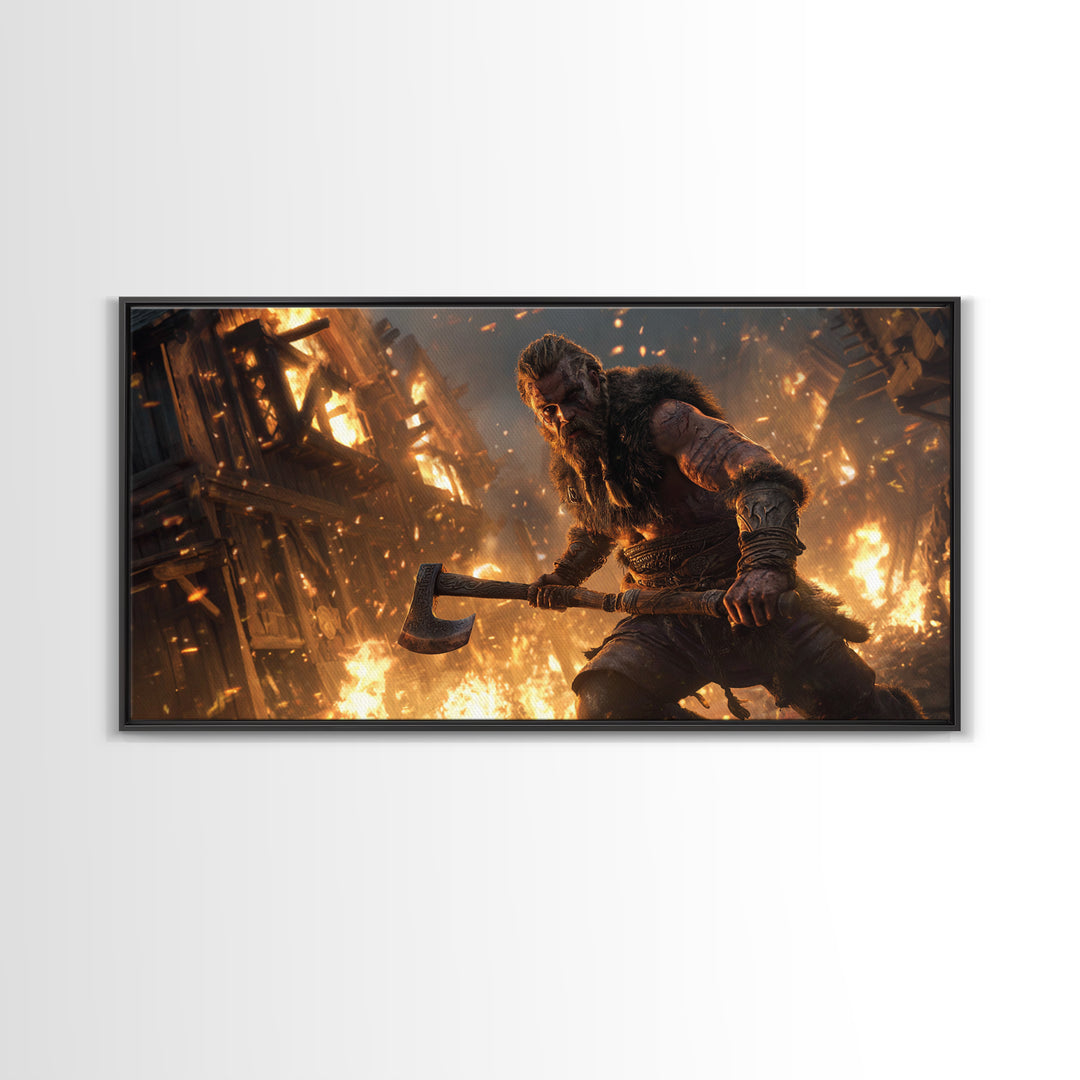 Fiery Viking Warrior Holding Axe Against Burning Village Background Canvas Print For Rustic Home Decor And Office Art