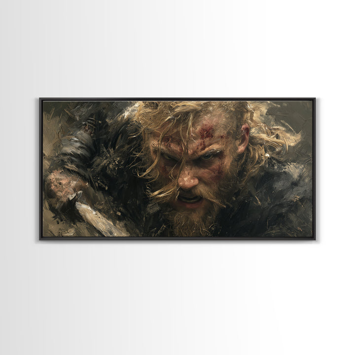 Fierce Viking Berserker Close Up Canvas Print, Nordic Warrior Portrait Wall Art, Dark Medieval Decor For Masculine Office