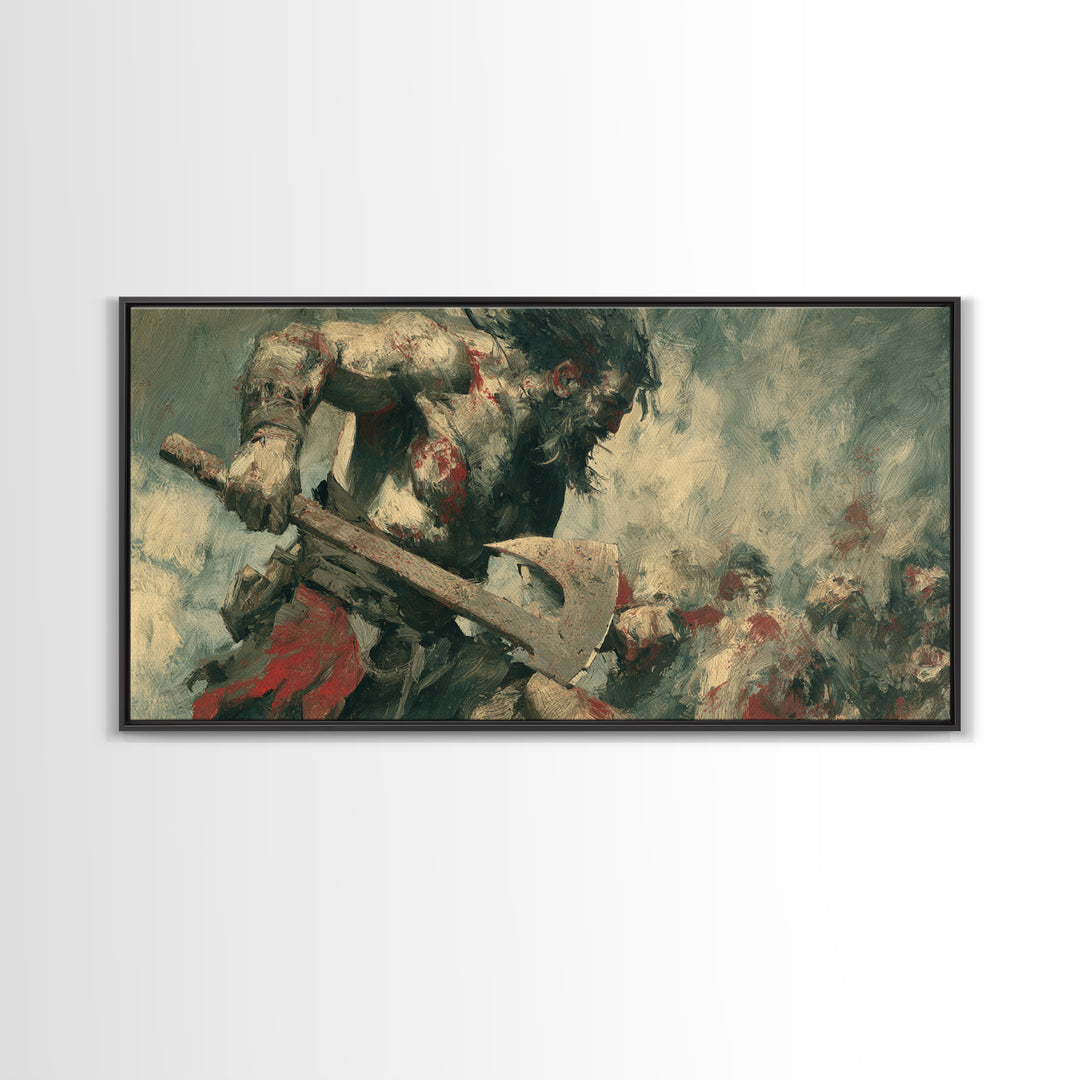 Bloodied Axe Warrior In Chaotic Battle Wall Art, Viking Fantasy Painting, Dark Medieval Canvas Decor For Man Cave Gift For Him