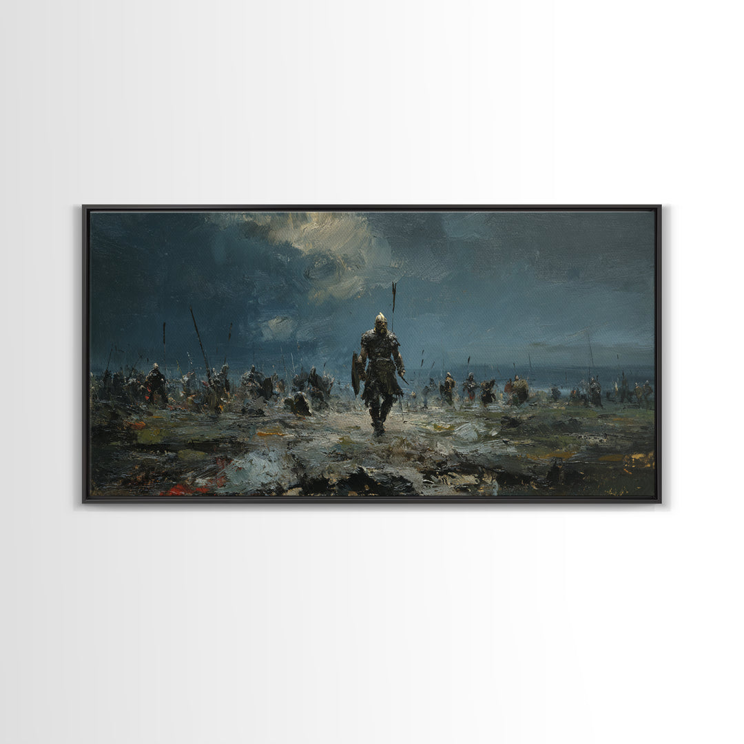 Warrior Leading Army Through Rain Canvas Print Dark Battlefield Wall Art, Epic Historical Decor For Masculine Home Office