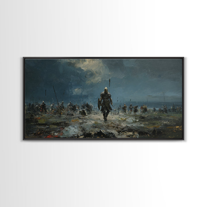 Warrior Leading Army Through Rain Canvas Print Dark Battlefield Wall Art, Epic Historical Decor For Masculine Home Office