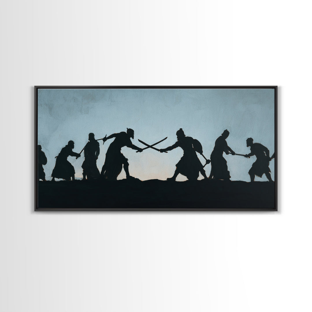 Silhouetted Sword Fighters Wall Art, Minimalist Warrior Battle Print, Black And White Decor, Fantasy Office Art Gift For Him