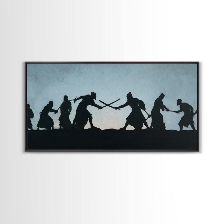 Silhouetted Sword Fighters Wall Art, Minimalist Warrior Battle Print, Black And White Decor, Fantasy Office Art Gift For Him