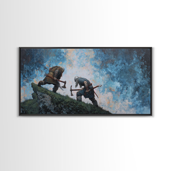 Two Axe Warriors Climbing Stormy Ridge Framed Canvas Print, Viking Battle Wall Art, Dark Fantasy Office Decor Gift, Medieval Art Print