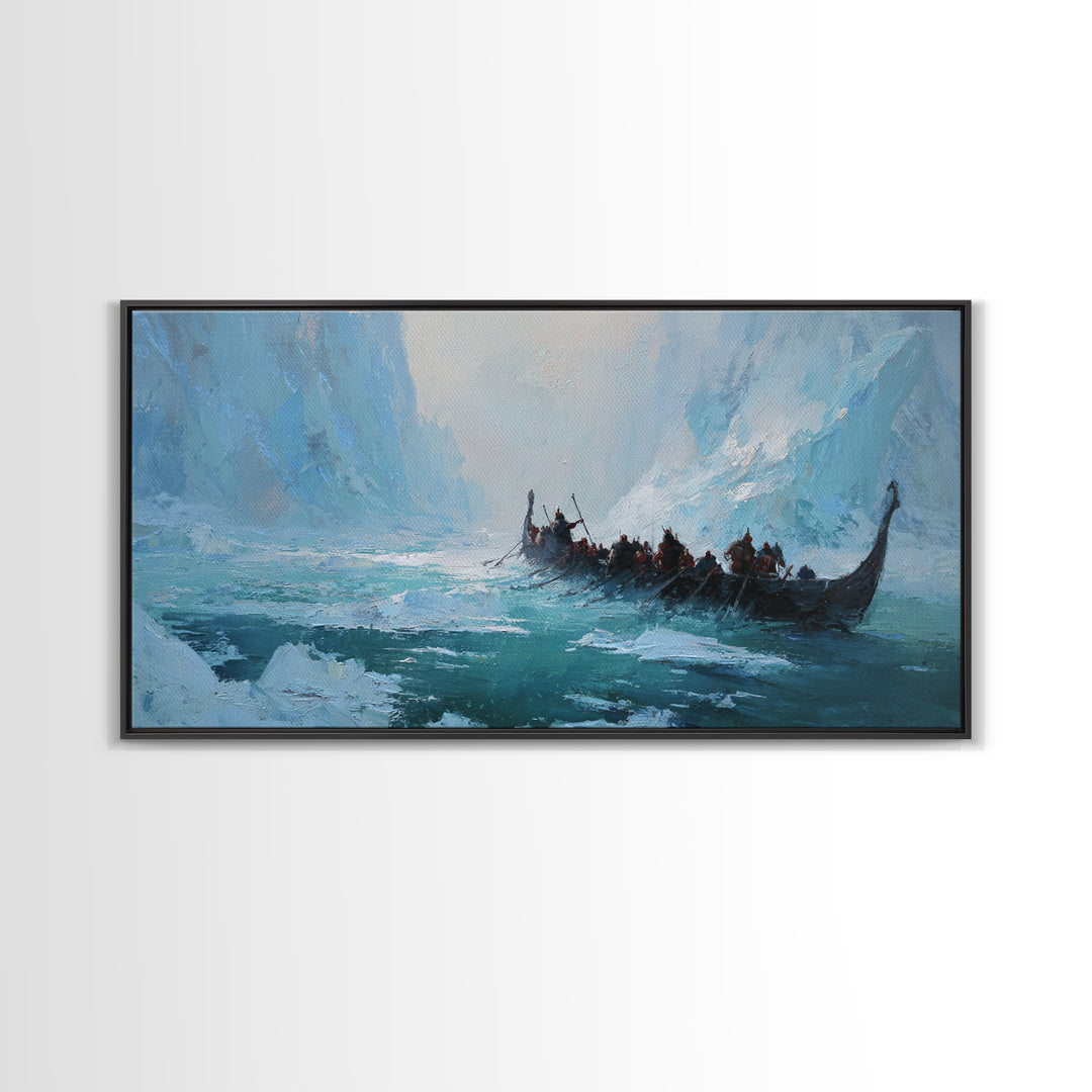 Icy Viking Longship On Turquoise Fjord Canvas Print, Nordic Seascape Wall Decor, Coastal Adventure Art, Gift For Him, Home Decor